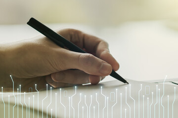 Poster - Double exposure of circuit hologram and man hand writing in notebook on background. Research and development hardware concept