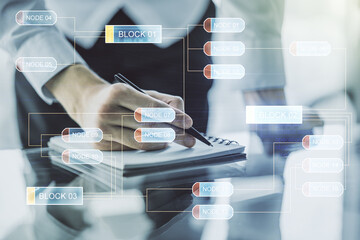 Poster - Multi exposure of abstract graphic coding sketch with man hand writing in diary on background, big data and networking concept
