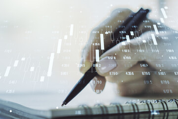 Poster - Double exposure of abstract creative statistics data hologram with woman hand writing in notepad on background, analytics and forecasting concept