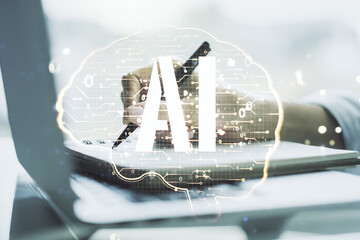 Poster - Double exposure of creative human brain microcircuit with hand writing in notepad on background with laptop. Future technology and AI concept
