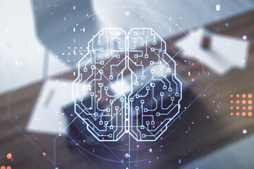 Poster - Double exposure of creative human brain microcircuit and modern desk with computer on background. Future technology and AI concept