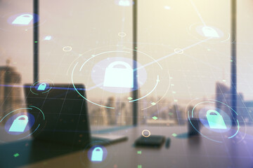 Aufkleber - Creative lock sketch with chip hologram and modern desk with computer on background, protection of personal data concept. Multiexposure