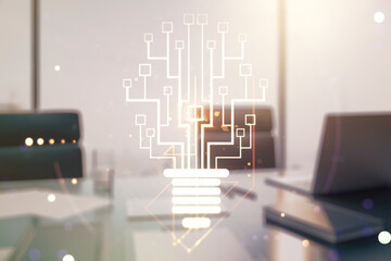 Poster - Double exposure of creative light bulb hologram with chip and modern desktop with laptop on background, idea and brainstorming concept
