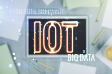 Poster - Creative IOT concept and modern digital tablet on background, top view. Multiexposure