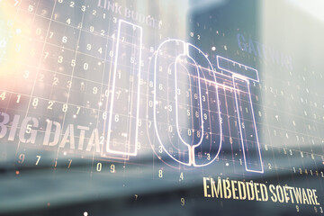 Poster - Double exposure of abstract virtual IOT hologram on modern business center exterior background, research and development concept