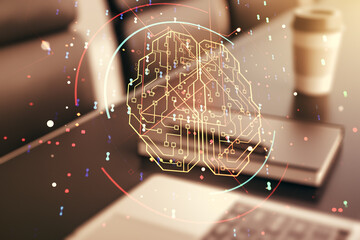 Poster - Double exposure of creative artificial Intelligence symbol with modern laptop on background. Neural networks and machine learning concept