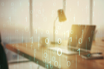 Poster - Creative abstract binary code hologram on modern computer background, AI and machine learning concept. Multiexposure