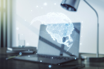 Poster - Digital America map on modern computer background, global technology concept. Multiexposure