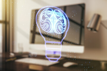 Aufkleber - Double exposure of creative light bulb hologram with human brain on laptop background, idea and brainstorming concept