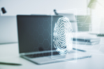 Poster - Double exposure of abstract creative fingerprint hologram on laptop background, research and development concept