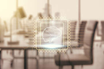 Poster - Double exposure of creative artificial Intelligence interface on modern corporate office background. Neural networks and machine learning concept
