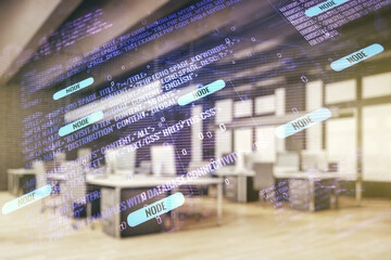 Poster - Double exposure of abstract creative programming illustration and world map on a modern furnished office interior background, big data and blockchain concept