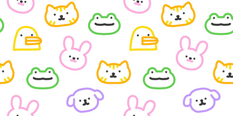 Wall Mural - colorful funny animal face doodle seamless pattern. cute happy animals in simple children art style 