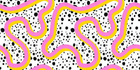 Abstract colorful neon print seamless pattern illustration in retro 80s style. Trendy background with creative line drawing.	