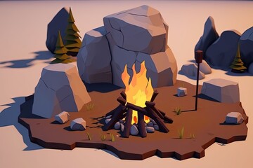 Sticker - campfire in the middle of a vast desert landscape. Generative AI