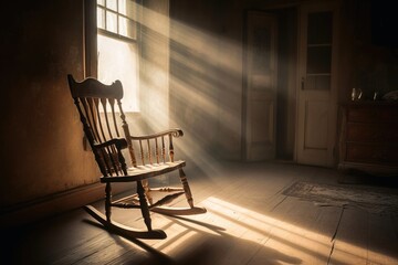 An old wooden rocking chair in a dusty vintage room with light beams created with generative AI technology.