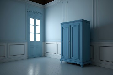 Canvas Print - an empty room with a blue cabinet as the focal point. Generative AI