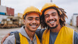 © Andy Dean - Two Smiling Young Adult Multiethnic Male Workers Wearing Hard Hat and Safety Vest Standing at a Shipping Dock - Generative AI.