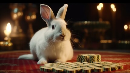 A fluffy white rabbit with bow tie sits top. Rich rabbit Generative AI