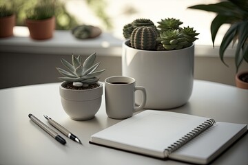 minimalist desk setup with a notebook, pen, and cactus. generative ai
