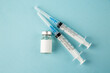 top view antivirus vaccines with injections on blue background virus isolation color health pandemic covid- lab disease