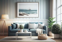 Mock Up Frame In Home Interior Background, Coastal Style Living Room With Marine Decor, 3d Render. Generative AI