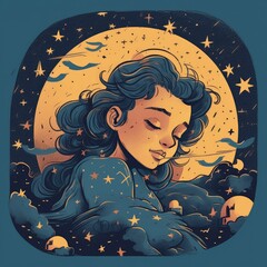 Wall Mural - Girl sleeping among the blue sky, bright moon and stars, cartoon with generative ai