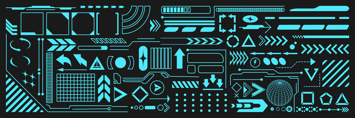 Retrofuturistic geometry elements set with icons and digital shapes for apparel, t-shirt, merch, posters, covers, flyers. Vector elements set vaporwave and y2k style abstract shapes. 