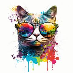  Graphic of a cute happy cat, wearing sunglasses, detail design, colorful, contour, white background, generative ai 