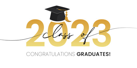 Vector illustration of gold design for graduation ceremony. Class of 2023. Congratulations graduates typography design template for shirt, stamp, logo, card, invitation etc. 