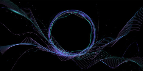 Big data, AI, network connection structure, data and energy transmission on the black abstract background of cyberspace. Abstract background of particle technology. cyclic wave pattern