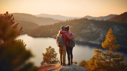 Generative AI  image of a couple on top of a mountain looking at an alpine lake