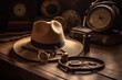 Conceito de viagem ao redor do mundo, bússola, renderização 3D de chapéu estilo Indiana Jones