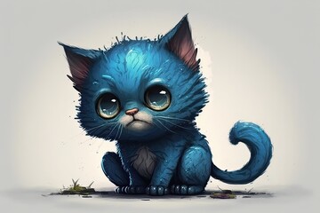 Poster - cute blue kitten with big eyes sitting on the floor. Generative AI