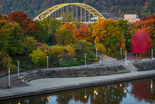 Pittsburgh's Point State Park In Fall With Fort Pitt Bridge