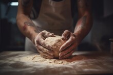 Hands Of Baker Kneading Dough On A Table Ai Generative Illustration