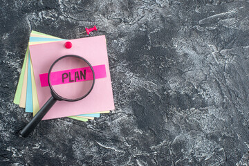 Wall Mural - top view plan written note on sticker on gray background paper college lesson notepad note school st