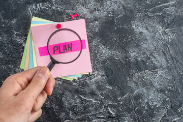Wall Mural - top view plan written note on sticker on gray background paper college lessons notepad note school s