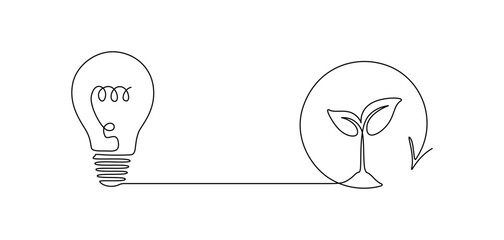 Aufkleber - Plant and light bulb in one continuous line drawing. Creative concept of renewable green energy and environmental friendly sources. Editable stroke. Doodle vector illustration