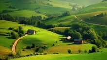 Countryside scenery of rolling hills and farmland