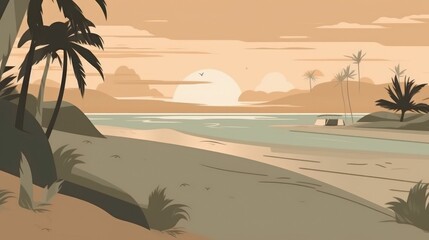 Wall Mural - Simplified line illustrations of beach in earthy colors