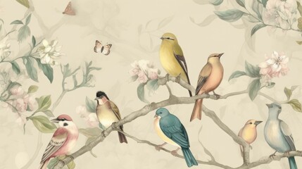 delicate bird prints on soft colored wallpaper