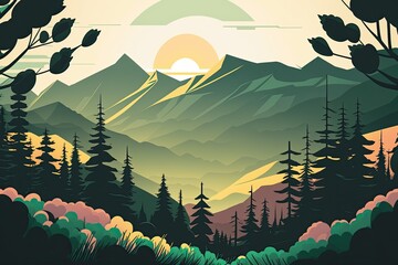 Poster - serene mountain landscape with tall pine trees. Generative AI