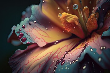 Poster - close-up view of a flower covered in dew drops. generative ai