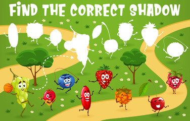 Poster - Find the correct shadow game. Cartoon cheerful berry character on summer vacation. Educational playing activity, vector puzzle or kids logical game with difference finding task and grapes, strawberry