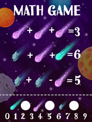 Poster - Math game worksheet, cartoon space comets, asteroids and meteors. Starry galaxy universe cartoon vector educational maze teaser Puzzle for counting and mathematics numeracy studying, riddle for kids