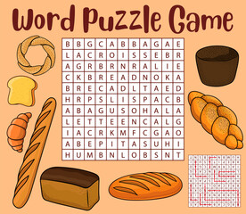 Aufkleber - Bread and bakery food. Word search puzzle game worksheet. Kids quiz grid, educational riddle or playing activity vector page with blackbread, croissant and bagel, baguette, loaf and hallah bread