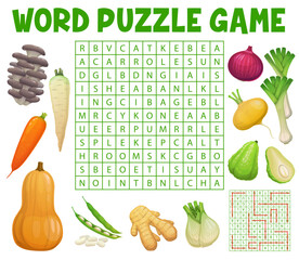 Aufkleber - Mushrooms and farm raw vegetables on word search puzzle game worksheet. Child quiz grid, cartoon vector educational game or kindergarten children intelligence test with words in letters find task