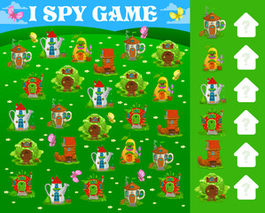 Poster - I spy game fairytale magic houses and dwellings. Kids vector math brainteaser riddle with cartoon teacup, watering can, pear and strawberry, boot and cabbage fantasy fairy tale homes on summer meadow