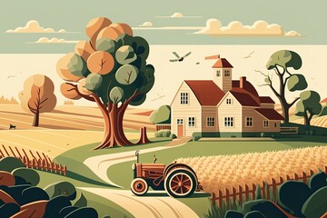 Canvas Print - farm scene with a tractor and a farmhouse in the countryside. Generative AI